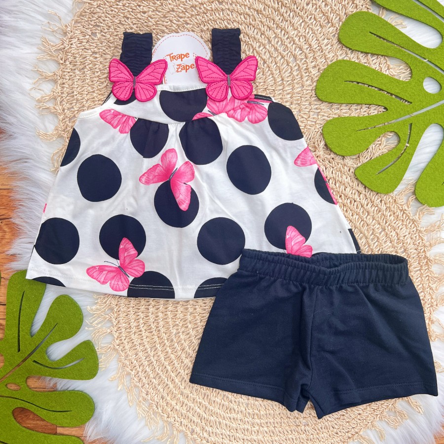 Conj. Batinha Bolotas com Borboletas e Short - Pink e Preto